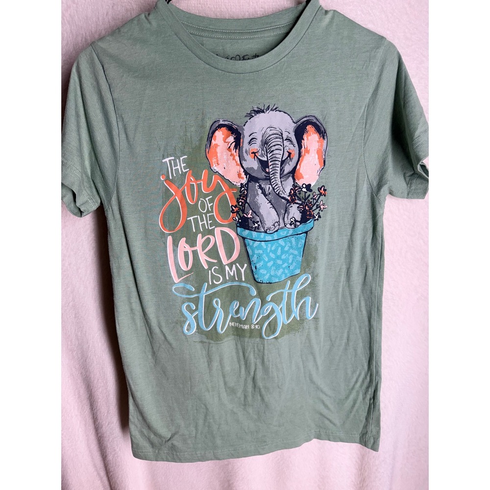 Love in Faith Kids Sage Green Elephant Joy of the Lord Graphic Tee Shirt Small